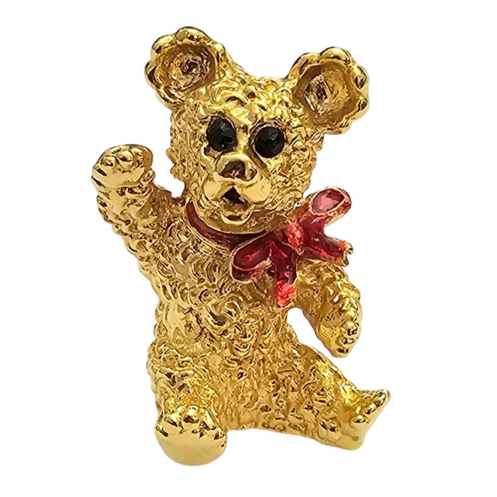 RJ Graziano Teddy Bear Brooch Gold Tone Pin With Box And Card Signed J296